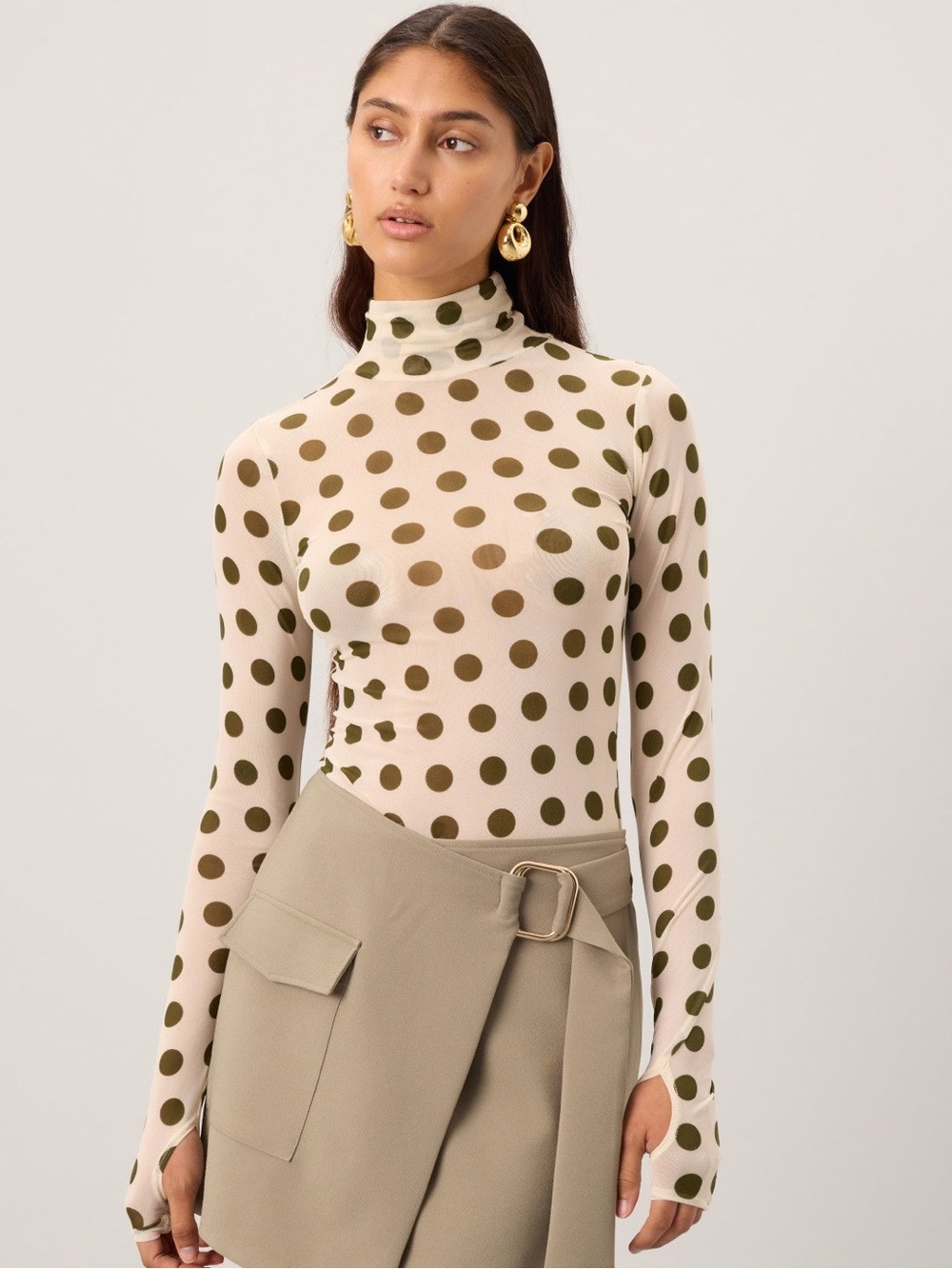 AFRM Zadie Turtleneck Long Sleeve Mesh Top- Birch Dot - Picture 1 of 3